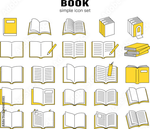  本　アイコン　シンプル　線画　ベクター　イラスト　素材　セット　かわいい　読書　文具　ノート　黄色