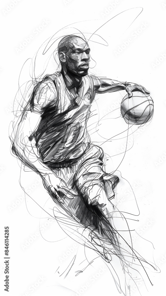 Basketball player dribbling and shooting ball in scribble style illustration. Olympic Sports. Basketball. Sketch of a skilled basketball player dribbling with speed, ready to shoot on the court Basketball player dribbling and shooting ball in scribble style illustration. Olympic Sports. Basketball. Sketch of a skilled basketball player dribbling with speed, ready to shoot on the court