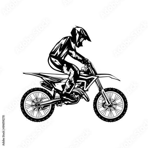 motocross rider side view black and white line art vector illustration