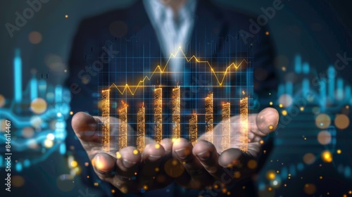 Digital rising bar chart with businessman hands overlay generative ai