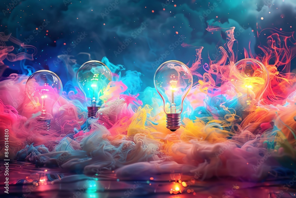 Creative concept art of light bulbs with vibrant colored smoke, representing innovation, ideas, and creativity in a dramatic, dreamy setting. Creative concept art of light bulbs with vibrant colored smoke, representing innovation, ideas, and creativity in a dramatic, dreamy setting.