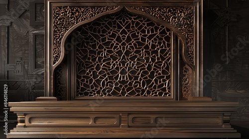 Intricate wooden carved lattice panel with arch design, showing traditional craftsmanship and delicate detailing, perfect for artistic interiors. photo