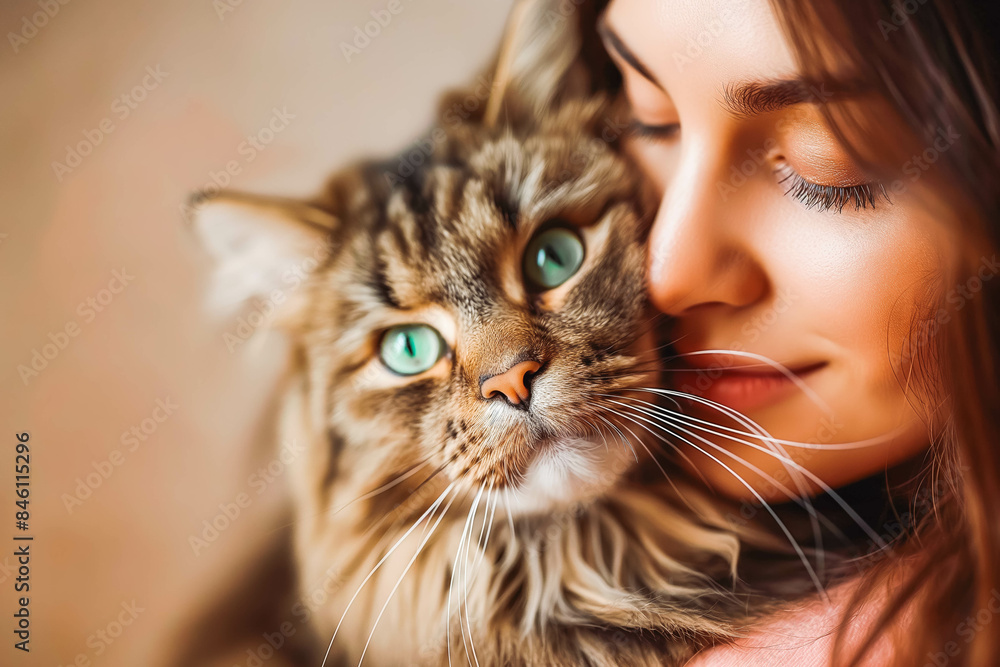 Portrait of young woman holding cute siberian cat with green eyes. Female hugging her cute long hair kitty. Background, copy space, close up. Adorable domestic pet concept Portrait of young woman holding cute siberian cat with green eyes. Female hugging her cute long hair kitty. Background, copy space, close up. Adorable domestic pet concept