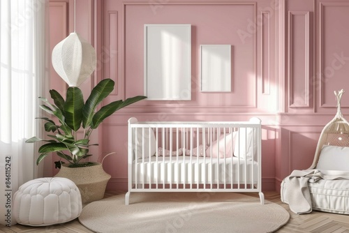 A nursery room with a white crib, a white wall, and a pink wall