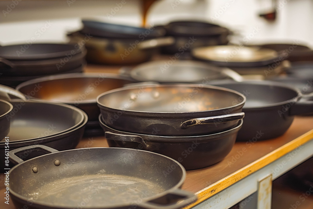 An array of pots and pans organized in the kitchen An array of pots and pans organized in the kitchen