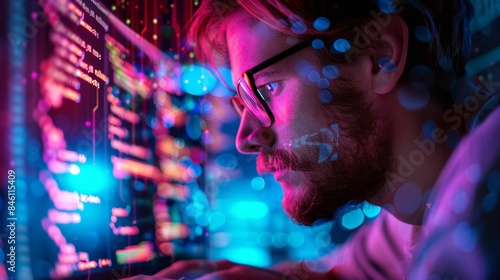 Man with glasses coding on computer with colorful code reflections. Close-up studio shot