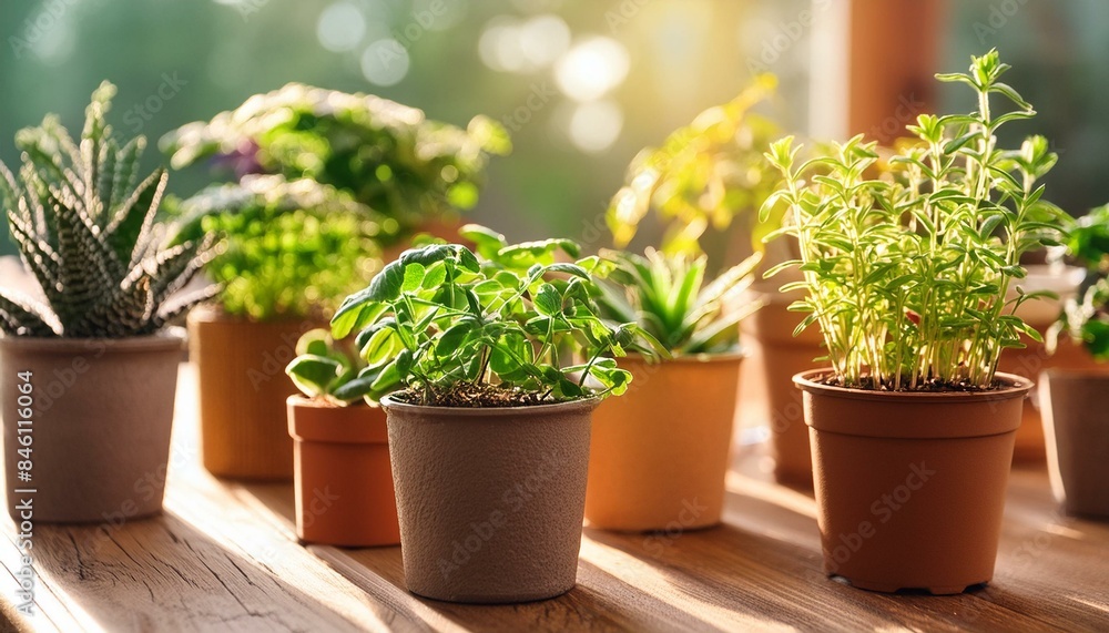 A close up of a table with a bunch of plants in pots A close up of a table with a bunch of plants in pots