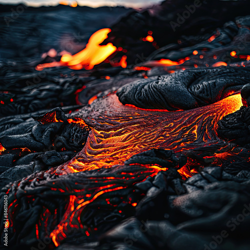 Lava flow glowing brightly, intense orange and red colors, volcanic landscape background.