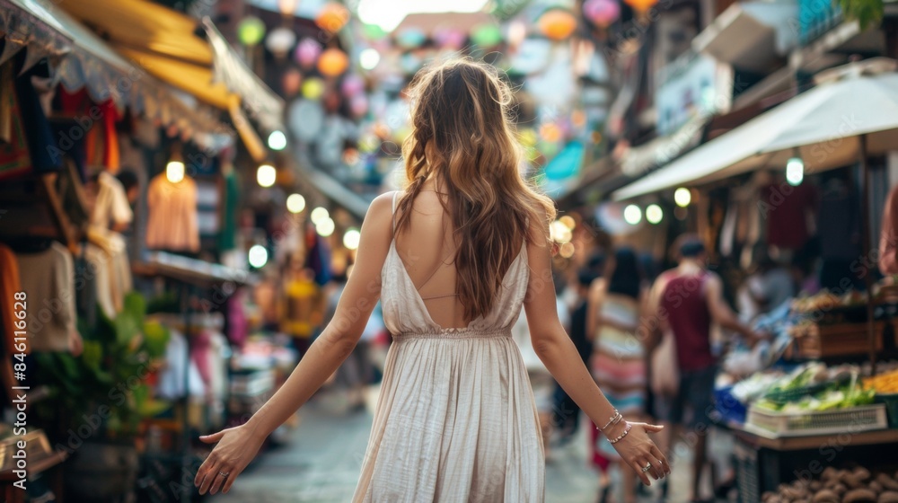A woman in a flowing dress stands with back to the camera arms held out to sides as takes in the sights and smells . . A woman in a flowing dress stands with back to the camera arms held out to sides as takes in the sights and smells . .