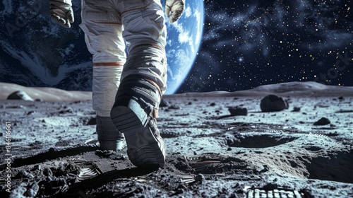 Rear view, legs of an astronaut walking on the surface of the Moon. generative ai photo