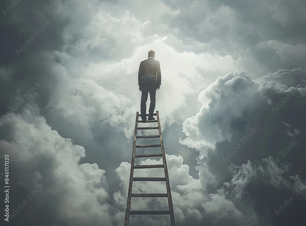 Businessman climbing the ladder to success concept, a business man ...