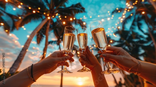 Fototapeta Naklejka Na Ścianę i Meble -  Cheers glasses of toasting champagne together between friends on summer holiday party at sea beach.