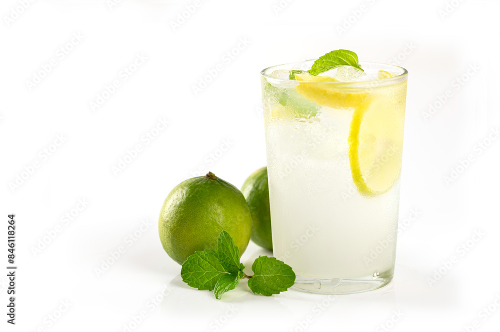 Cocktail with lime and mint on white background. Cocktail with lime and mint on white background.