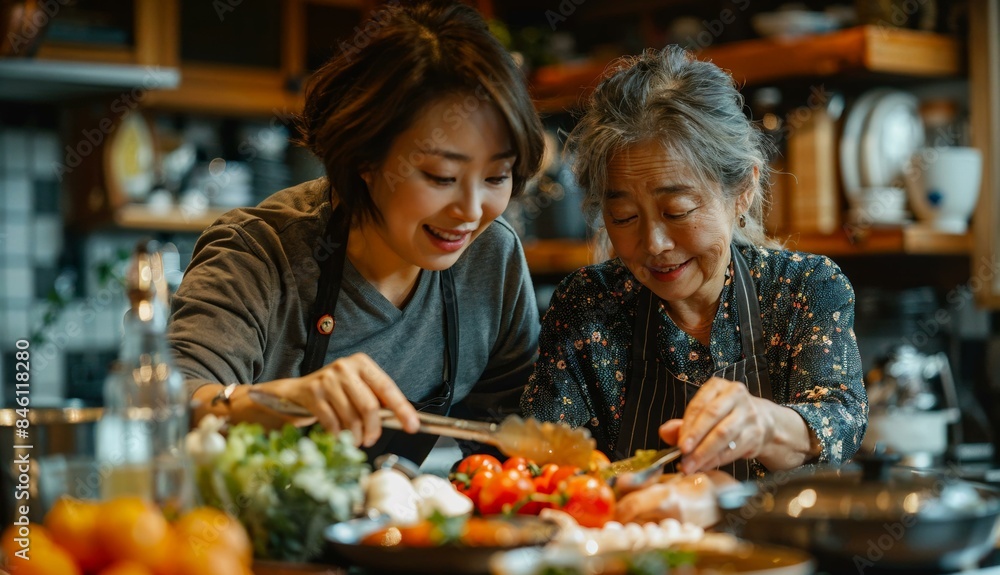 Two women cooking together in a cozy kitchen, preparing a meal with fresh vegetables. Two women cooking together in a cozy kitchen, preparing a meal with fresh vegetables.