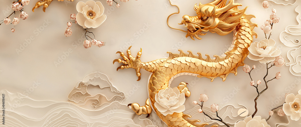 Majestic Golden Dragon With Blossoms On Light, Ornate Background Majestic Golden Dragon With Blossoms On Light, Ornate Background