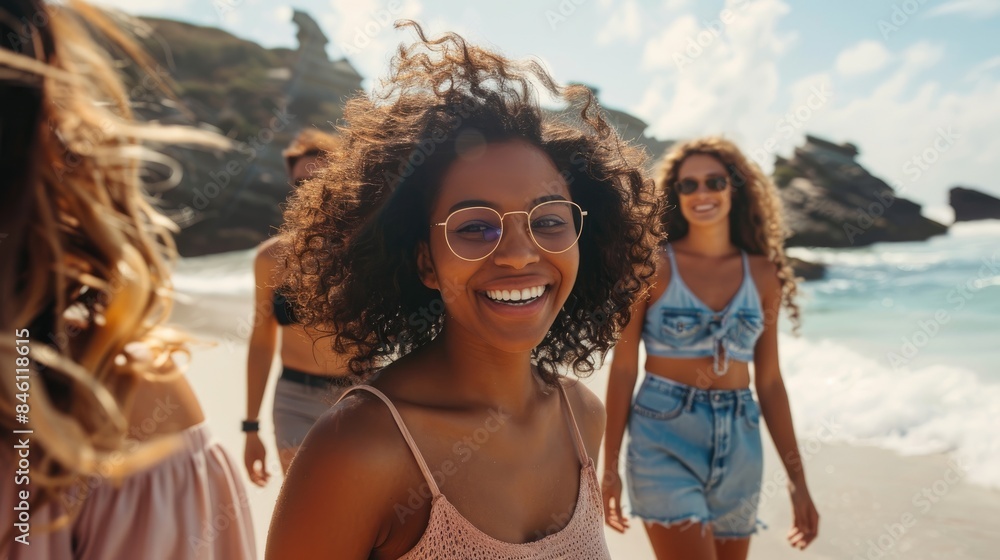Raw image of a diverse group of friends enjoying a day at the beach, with candid moments reflecting their joy and the vibrant summer atmosphere Raw image of a diverse group of friends enjoying a day at the beach, with candid moments reflecting their joy and the vibrant summer atmosphere