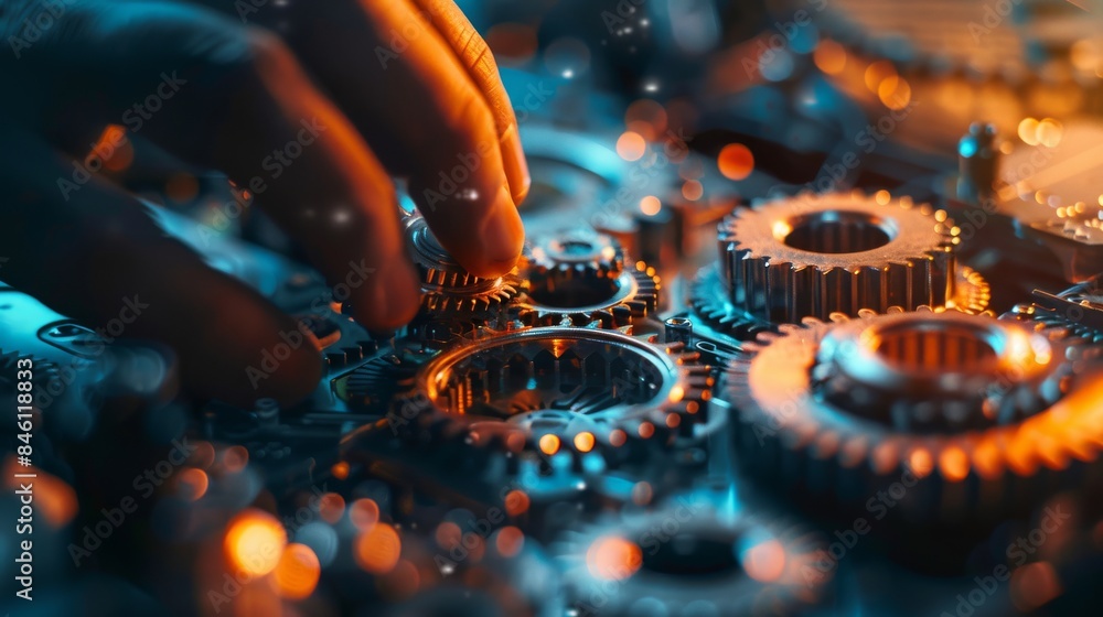 Closeup of a businessman's hand putting gears into place on a board, with blue and orange lighting effects. Closeup of a businessman's hand putting gears into place on a board, with blue and orange lighting effects.