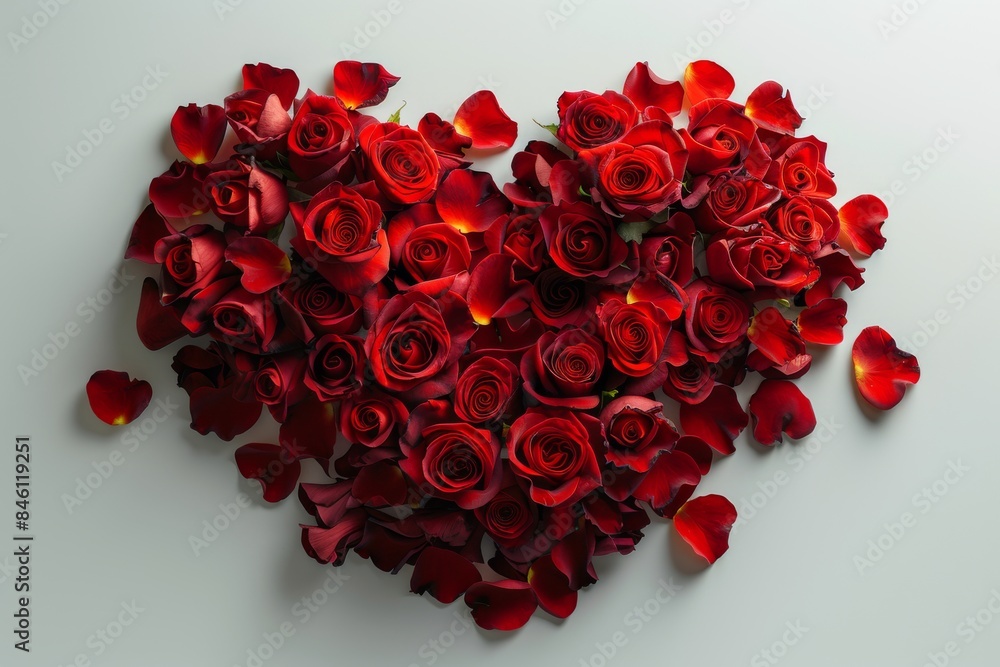 Heart-shaped arrangement of red roses and petals on white background Heart-shaped arrangement of red roses and petals on white background
