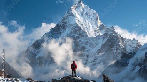 A person stands at the base of a mountain looking up at the impressive peak rising above them with determination. . .