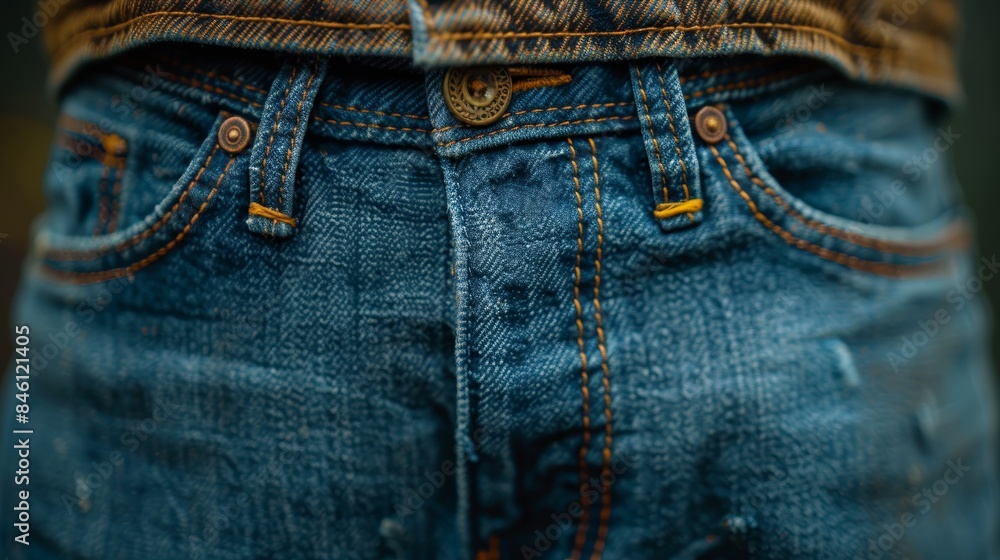 A close-up image of blue denim jeans with detailed stitching, rivets, and the metal button visible, showcasing the texture and quality of the denim fabric A close-up image of blue denim jeans with detailed stitching, rivets, and the metal button visible, showcasing the texture and quality of the denim fabric