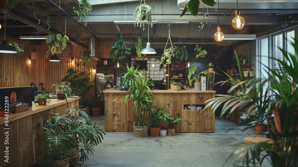 A beautifully designed modern office interior with a plethora of green plants and natural wooden furniture, creating an inviting and eco-friendly workspace ambiance A beautifully designed modern office interior with a plethora of green plants and natural wooden furniture, creating an inviting and eco-friendly workspace ambiance