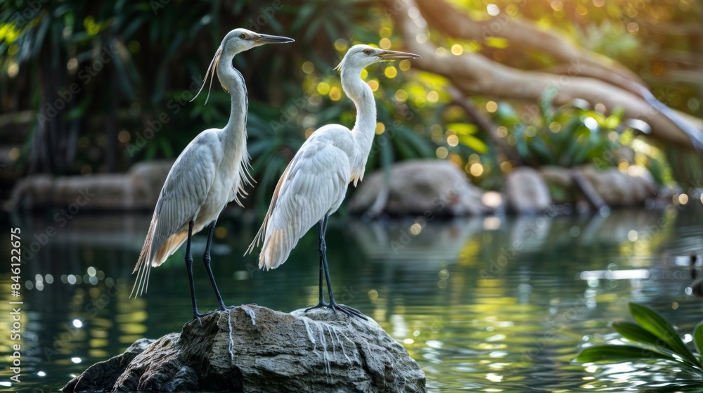 Two egrets standing on rock by water in sunlight Two egrets standing on rock by water in sunlight