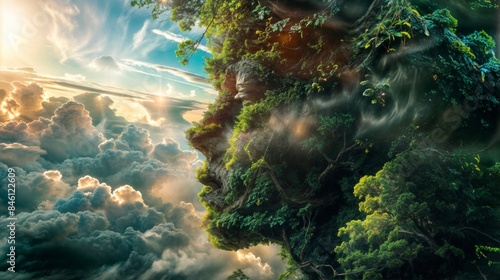 Mountain with trees and clouds forming human face photo