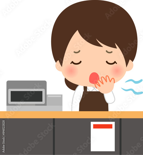 レジカウンターであくびする店員の女性