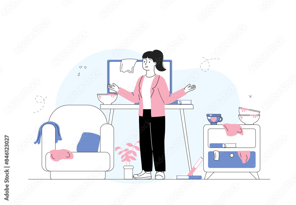 Woman in mess. Chaos in room and apartment. Young girl stands in dirty room with dust and clothes at floor. Lazy person indoors. Linear flat vector illustration Woman in mess. Chaos in room and apartment. Young girl stands in dirty room with dust and clothes at floor. Lazy person indoors. Linear flat vector illustration