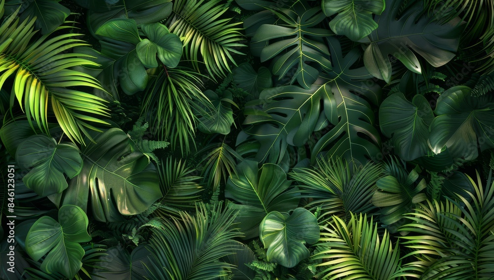 Tropical jungle background with lush green leaves, jungle plants and foliage, great for product display or tropical theme event backdrop. Tropical jungle background with lush green leaves, jungle plants and foliage, great for product display or tropical theme event backdrop.