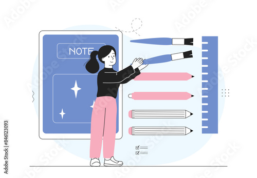 Perfectionist woman concept. Young girl with ocd fixes whiskers situation in art workshop. Mental problem and psychological disorder. Linear flat vector illustration