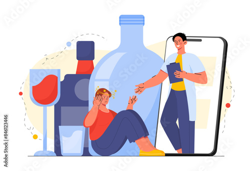 Woman with alcohol abuse. Girl suffers from alcohol addiction. Negative feelings and emotions. Drunken person with doctor. Psychological problems. Cartoon flat vector illustration