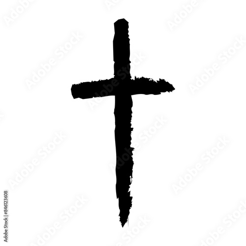 Grunge cross vector. Black brushstroke icon. Rough textured symbol. Artistic religious design.