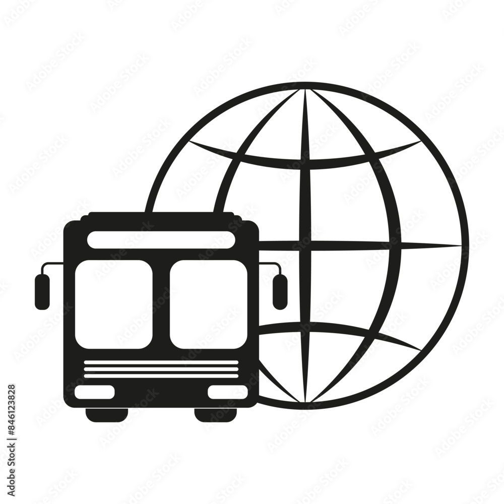 Bus with globe. Global transportation concept. Black vector illustration. Travel and mobility. Bus with globe. Global transportation concept. Black vector illustration. Travel and mobility.