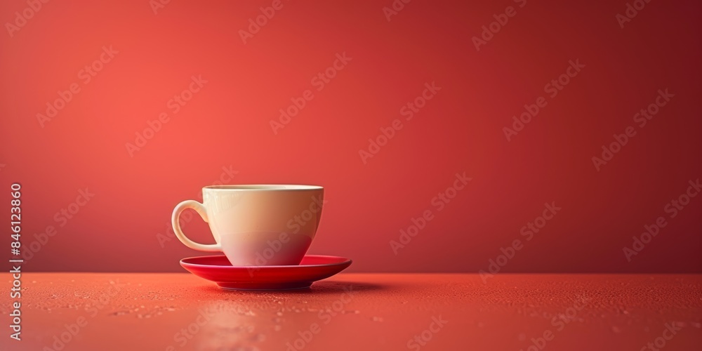A steaming cup of coffee on a matching red saucer sits on a vibrant red surface with a red background, creating a striking monochromatic scene A steaming cup of coffee on a matching red saucer sits on a vibrant red surface with a red background, creating a striking monochromatic scene
