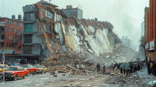 The chaotic aftermath of a devastating building collapse in a busy urban area, with people gathering around the rubble and damaged vehicles in the street