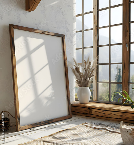 A close-up photo of an empty white mockup poster frame leaning against a wall in front of a window with wooden paneling and green plants beside it.