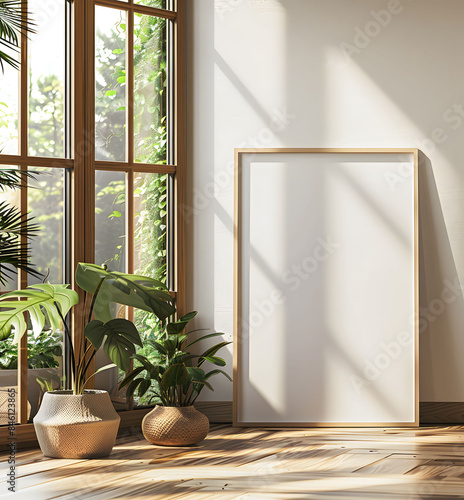 Wallpaper Mural A close-up photo of an empty white mockup poster frame leaning against a wall in front of a window with wooden paneling and green plants beside it. Torontodigital.ca