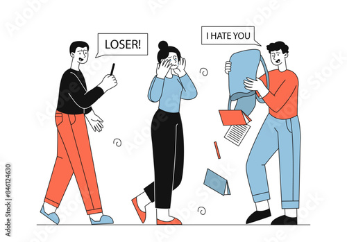 Bullying in school. Teenagers insult schoolgirl and throw her things out of backpack. Negative feelings and emotions. Loneliness and depression. Linear flat vector illustration