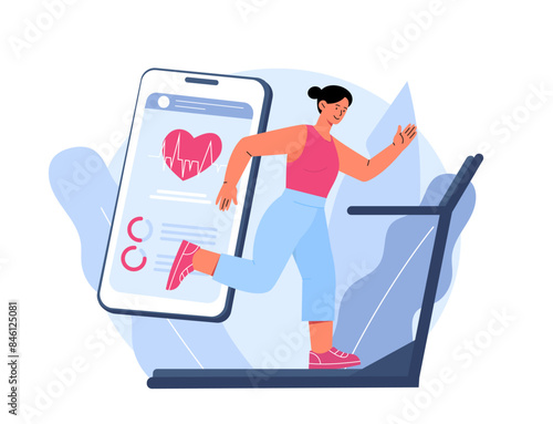 Cardio check at treadmill. Woman runs at gym with smart watch on arm. Active lifestyle and sports. Cardio training and weight loss. Cartoon flat vector illustration