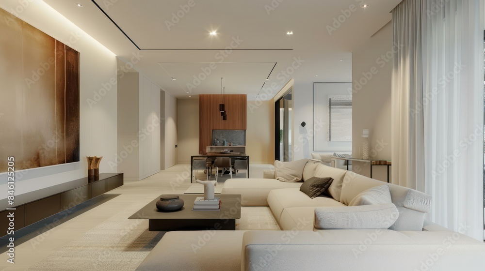 Comfortable white sofa chairs Living room Modern minimalist scandinavian home interior with, wall poster frame decoration. Natural light from glass windows. Comfortable white sofa chairs Living room Modern minimalist scandinavian home interior with, wall poster frame decoration. Natural light from glass windows.