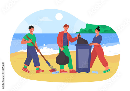 People cleans beach. Men with rakes and bag collect plastic bottles. Pollution of coastline. Eco friendly activists and volunteers. Cartoon flat vector illustration