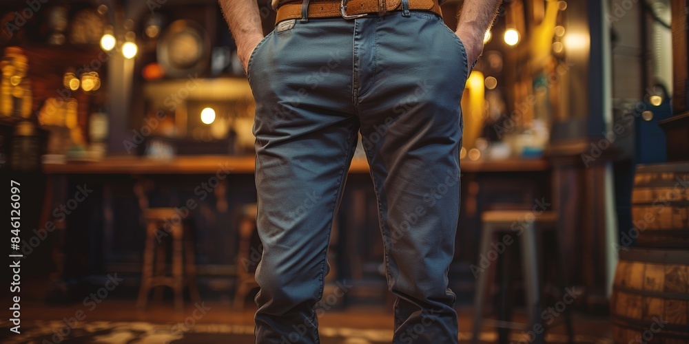 A person wearing casual khaki pants with hands in pockets in a cozy, dimly lit bar with wooden furnishings and soft bokeh lighting in the background A person wearing casual khaki pants with hands in pockets in a cozy, dimly lit bar with wooden furnishings and soft bokeh lighting in the background