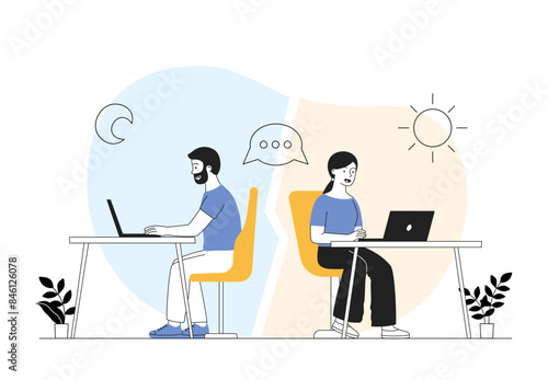 Remote communication concept. Man and woman sit at computers and communicate via video call in social media. Remote employees and freelancers work on project. Linear flat vector illustration
