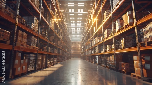 A brightly lit warehouse filled with towering shelves of finished products, showcasing realistail's efficient storage