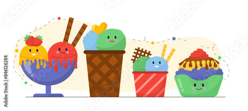 Cute ice cream set. Frozen dessert and delicacy in wafer cup and bowls. Sweet eating and food for summer season. Gelato with chocolate and strawberry. Cartoon flat vector collection