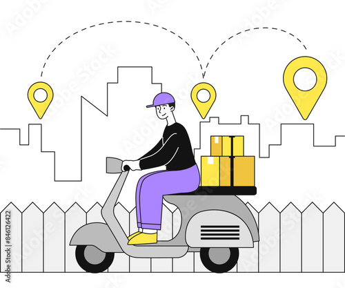 Delivery courier at scooter. Online shopping and home delivery. Man on bike rides with cardboard boxes. Transportation and shipping. Linear flat vector illustration