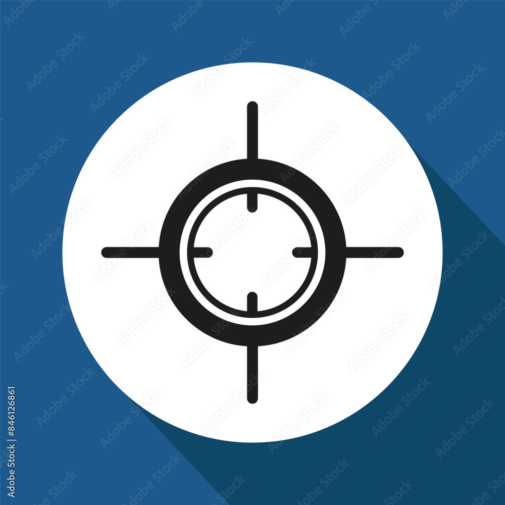 Target icon vector. Black crosshair symbol. White circle background. Blue backdrop shadow. Target icon vector. Black crosshair symbol. White circle background. Blue backdrop shadow.