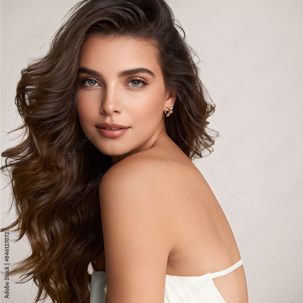 Naklejka premium Portrait of a Beautiful Young Woman with Pristine Skin, Highlighting Face Care, Cosmetology, and Spa