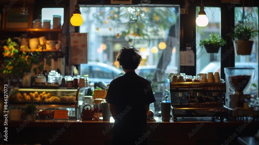 A figure stands at the counter gazing out the window with a contemplative expression the warm glow of the cafes interior behind them. . . A figure stands at the counter gazing out the window with a contemplative expression the warm glow of the cafes interior behind them. . .